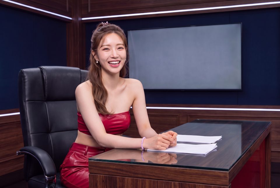 Sela Moon laughing at the BBN studio news desk in her red strapless top