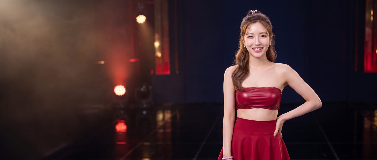 Sela Moon on a TV music-show stage at night, smiling, in her red strapless top and red skirt