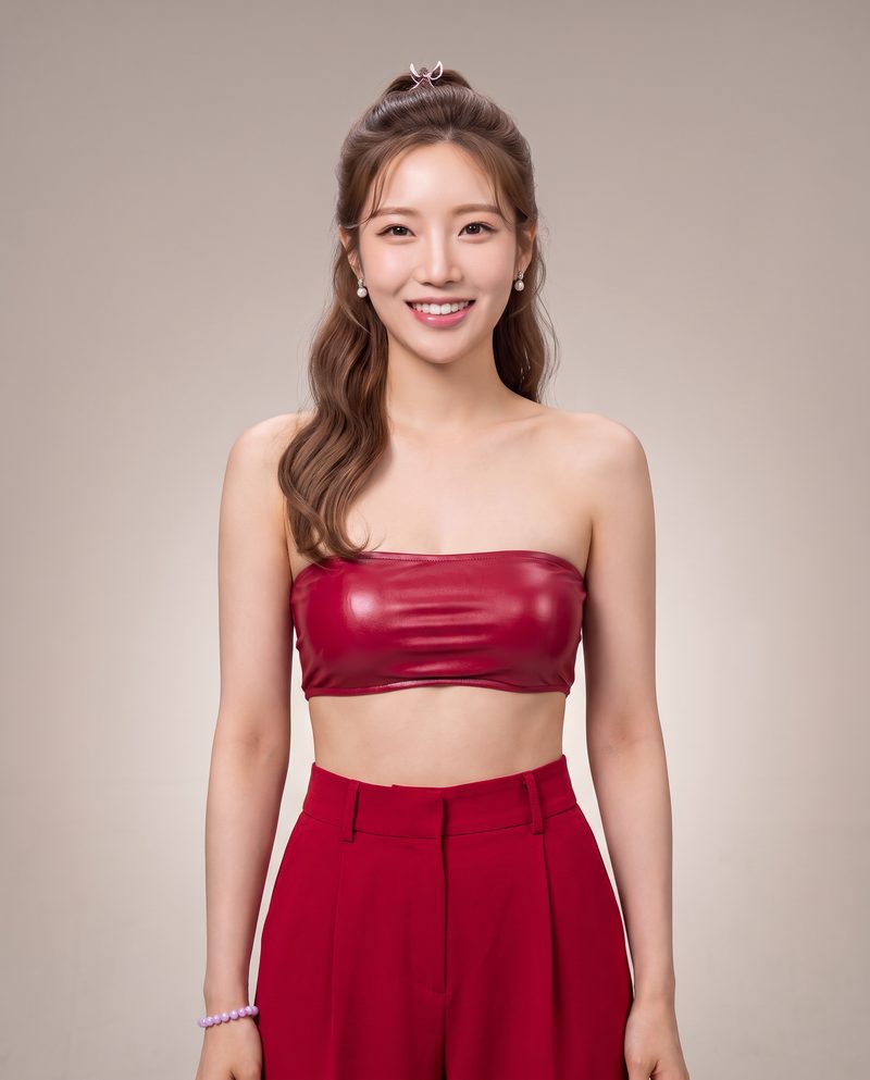 Official portrait of Sela Moon smiling, in her red strapless top, against a light grey studio backdrop