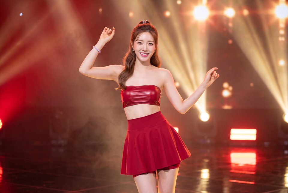 Sela Moon dancing on a TV music-show stage under red and gold lights, arms up, in her red strapless top and red skirt